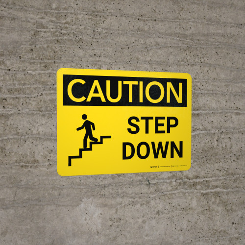 Caution: Step Down Landscape With Icon - Wall Sign