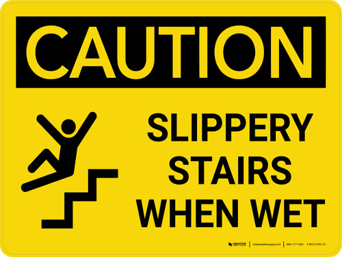 Caution: Slippery Stairs When Wet Landscape With Icon - Wall Sign