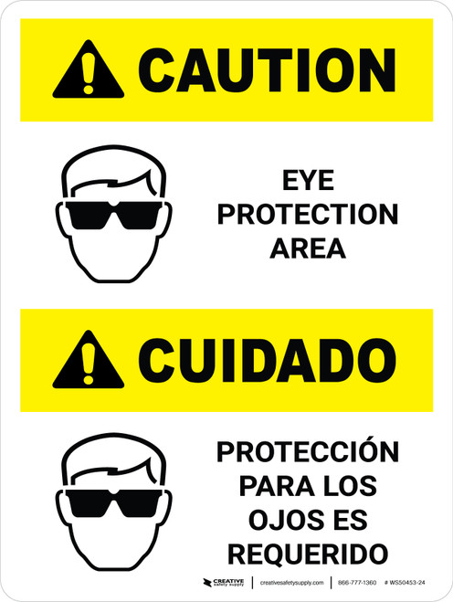 Caution: Eye Protection Required Bilingual Spanish Portrait with Icons - Wall Sign