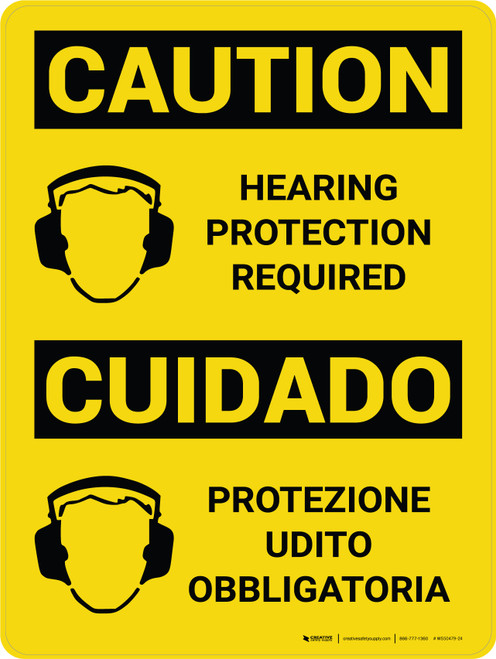 Caution: Hearing Protection Required Bilingual Italian With Icons - Wall Sign