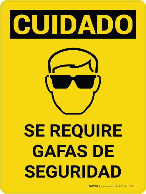 Caution: Safety Glasses Required Spanish Portrait With Icon - Wall Sign