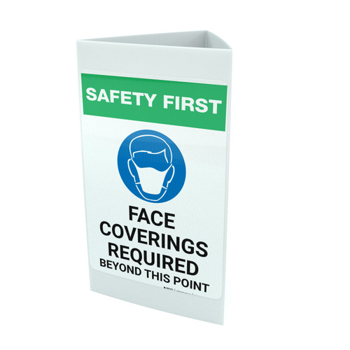 Safety First: Face Coverings Required Beyond This Point with Icon Portrait - Tri-fold Sign
