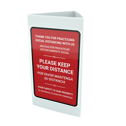 Thank You For Practicing Social Distancing With Us Red Bilingual Spanish Portrait - Tri-fold Sign