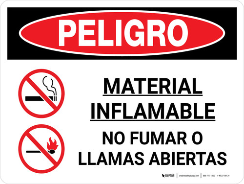 Danger: Flammable Material No Smoking Flames Spanish Landscape with Icon - Wall Sign