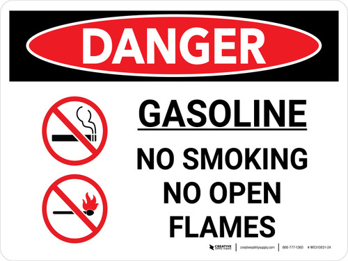 Danger: Gasoline No Smoking No Open Flame Landscape with Graphic - Wall Sign