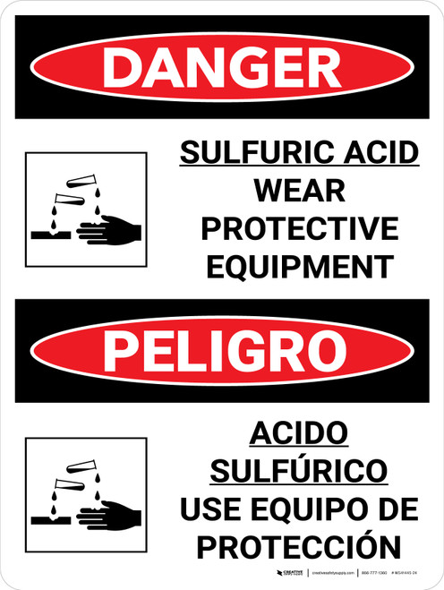 Danger: Sulfuric Acid Wear Protective Equipment Bilingual Spanish with Graphic - Wall Sign