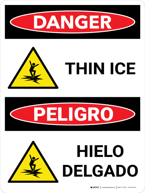 Danger: Thin Ice Bilingual Spanish with Graphic - Wall Sign
