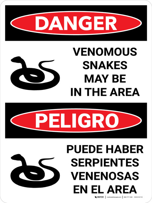 Danger: Venomous Snakes May Be In Area Bilingual Spanish with Graphic - Wall Sign