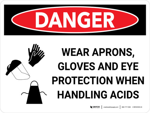 Danger: PPE Aprons Gloves Eye Protection Handling Acid Landscape with Graphic - Wall Sign