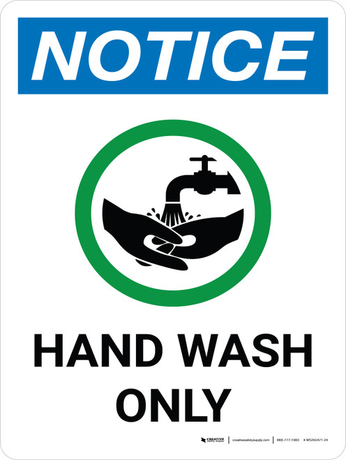 Notice: Hand Wash Only Portrait with Icon - Wall Sign