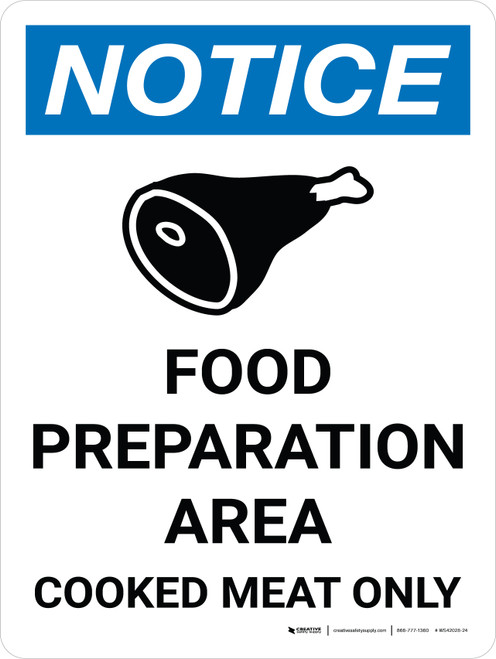 Notice: Food Prep Area - Cooked Meat Only Portrait with Icon - Wall Sign
