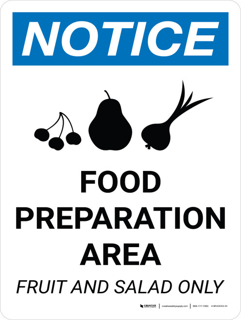 Notice: Food Prep Area - Fruit and Salad Only Portrait with Icon - Wall Sign