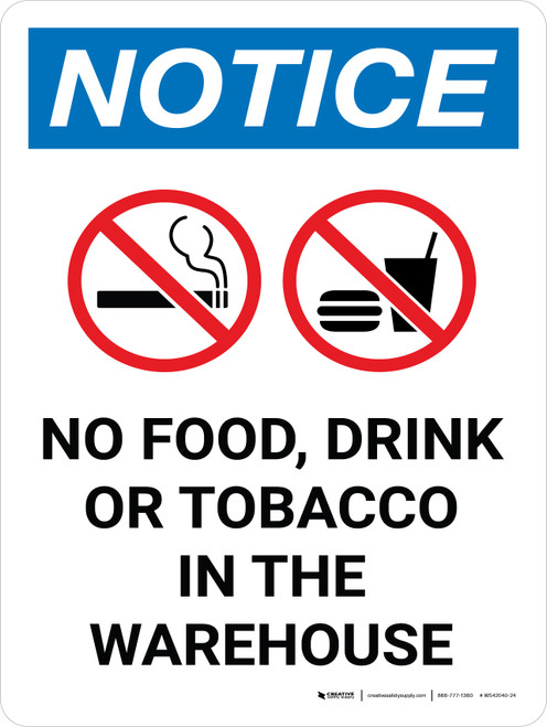 Notice: No Food Drink Tobacco In The Warehouse Portrait with Icon - Wall Sign