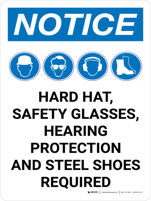 Notice: Hard Hat Safety Glasses Hearing Protection Steel Toe Shoes Required Portrait with Icon - Wall Sign