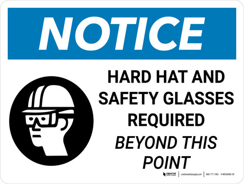 Notice: Hard Hats And Safety Glasses Required Beyond this point Landscape with Icon - Wall Sign