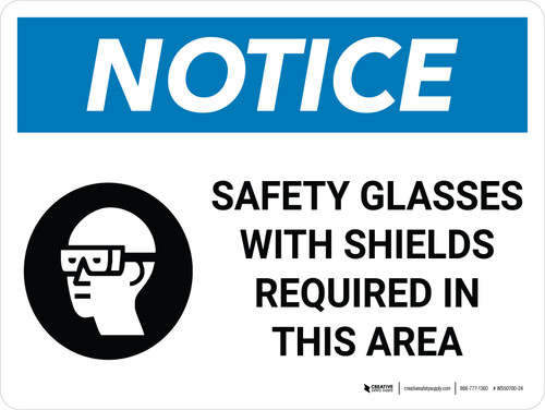 Notice: PPE Safety Glasses Shields Required in Area Landscape with Icon - Wall Sign