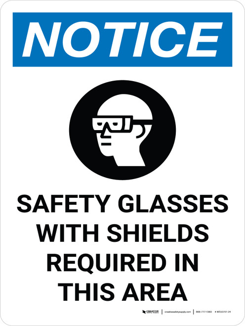 Notice: PPE Safety Glasses Shields Required in Area Portrait with Icon - Wall Sign