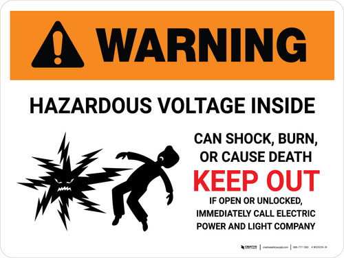 Warning: Hazardous Voltage Inside Can Shock, Burn, Or Cause Death - Keep Out Landscape - Wall Sign