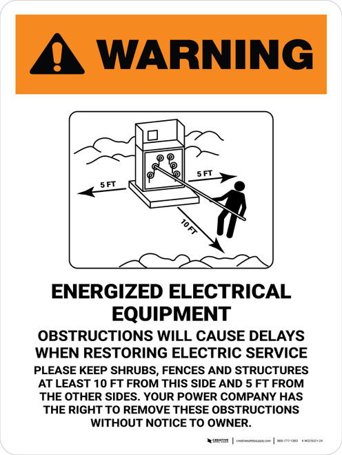 Warning: Energized Electrical Equipment - Obstructions Will Cause Delays Portrait - Wall Sign