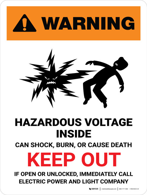 Warning: Hazardous Voltage Inside Can Shock, Burn, Or Cause Death - Keep Out Portrait - Wall Sign