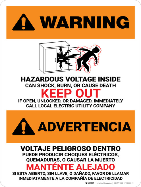 Warning: Hazardous Voltage Inside Can Shock, Burn, Or Cause Death - Keep Out Bilingual Spanish Landscape - Wall Sign