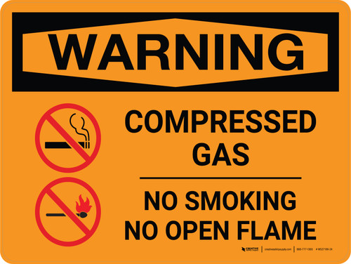Warning: Compressed Gas No Smoking Open Flame Landscape With Icon - Wall Sign