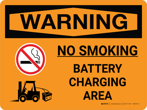 Warning: Battery Charging No Smoking Landscape With Icon - Wall Sign