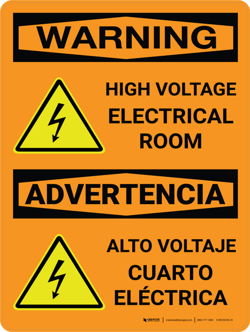 Warning: High Voltage Electrical Room Bilingual Spanish OSHA Portrait With Icon - Wall Sign