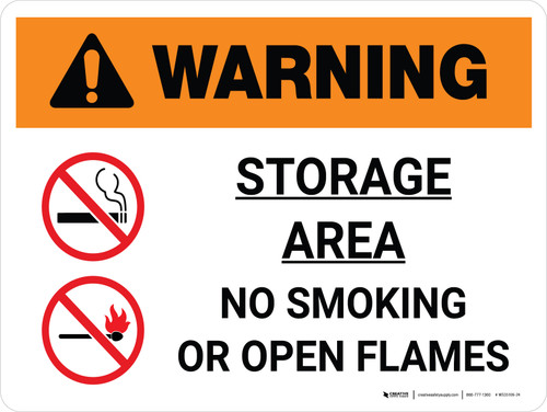 Warning: Storage Area - No Smoking or Open Flame Landscape White With Icon - Wall Sign