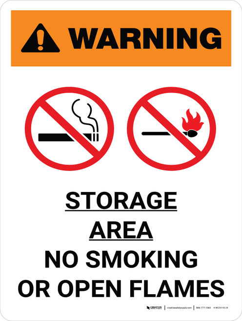 Warning: Storage Area - No Smoking or Open Flame Portrait White With Icon - Wall Sign