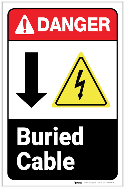 Danger: Buried Cable Down Arrow ANSI with Icons Portrait - Label
