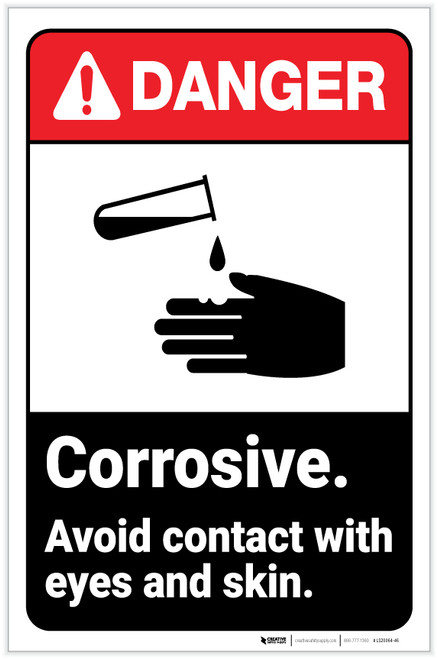 Danger: Corrosive - Avoid Contact With Eyes and Skin ANSI with Icon Portrait - Label