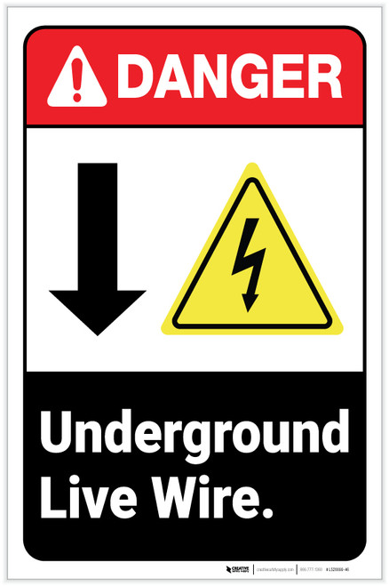 Danger: Underground Live Wire With Down Arrow ANSI with Hazard Icon Portrait - Label