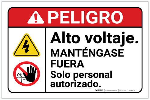 Danger: High Voltage Stay Out Personnel Only Hazard with Graphic Spanish ANSI Landscape - Label