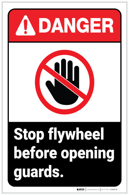 Danger: Stop Flywheel Before Opening Guards With Icon ANSI Portrait - Label