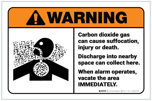 Warning: Carbon Dioxide Gas Can Cause Suffocation - When Alarm Vacate ANSI Landscape - Label