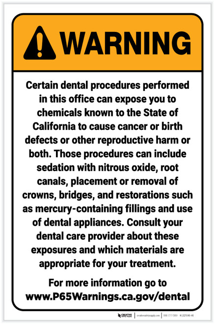 Warning: Dental Care Exposure Prop 65 Portrait - Label