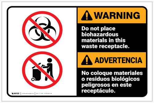 Warning: Do Not Place Biohazardous Materials in Waste Receptacle Bilingual Spanish ANSI Landscape - Label