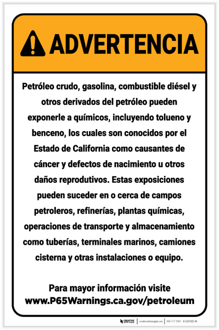 Warning: Petroleum Products Exposure Spanish Prop 65 Portrait - Label
