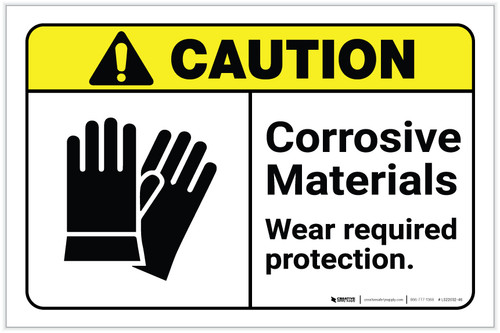 Caution: Corrosive Materials - Wear Required Protection ANSI Landscape - Label
