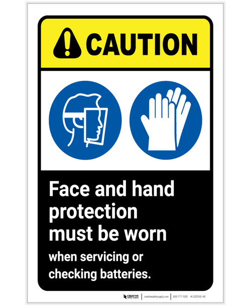 Caution: Wear Face Hand Protection When Handling Batteries ANSI Portrait - Label