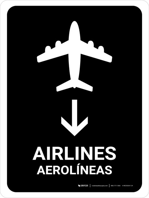 Airlines With Down Arrow Black Bilingual Spanish Portrait - Wall Sign