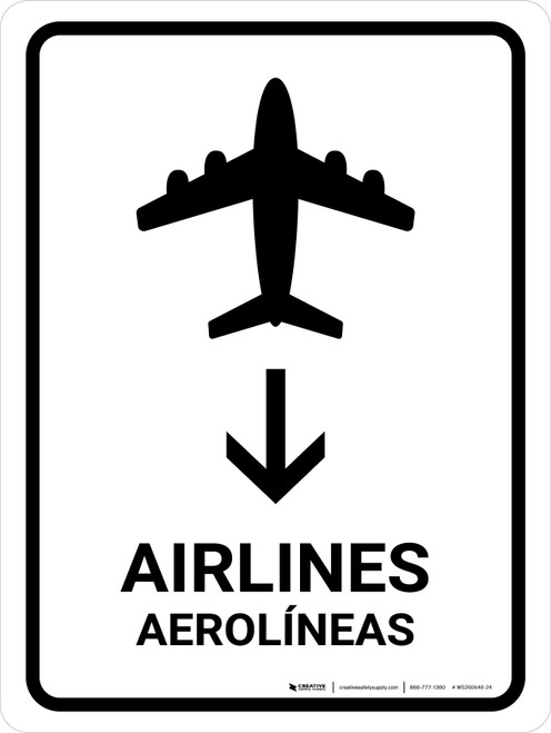 Airlines With Down Arrow White Bilingual Spanish Portrait - Wall Sign