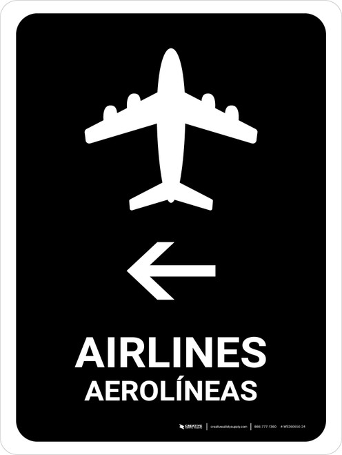 Airlines With Left Arrow Black Bilingual Spanish Portrait - Wall Sign