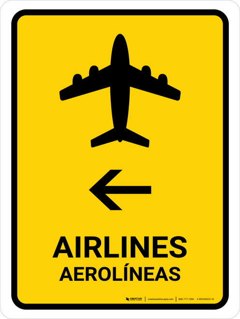 Airlines With Left Arrow Yellow Bilingual Spanish Portrait - Wall Sign