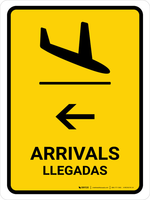 Arrivals With Left Arrow Yellow Bilingual Spanish Portrait - Wall Sign