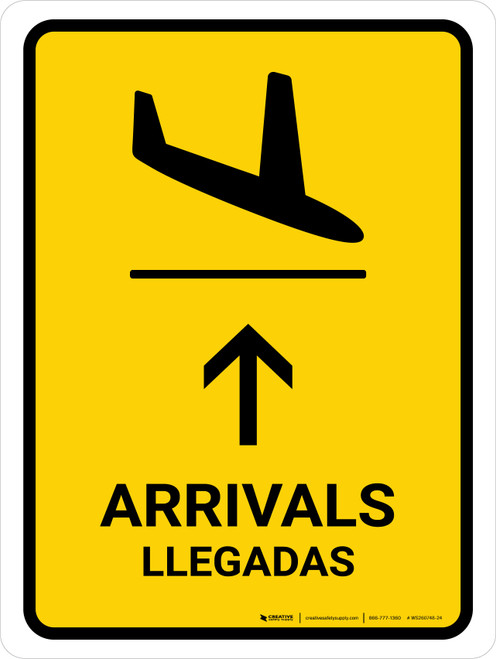 Arrivals With Up Arrow Yellow Bilingual Spanish Portrait - Wall Sign