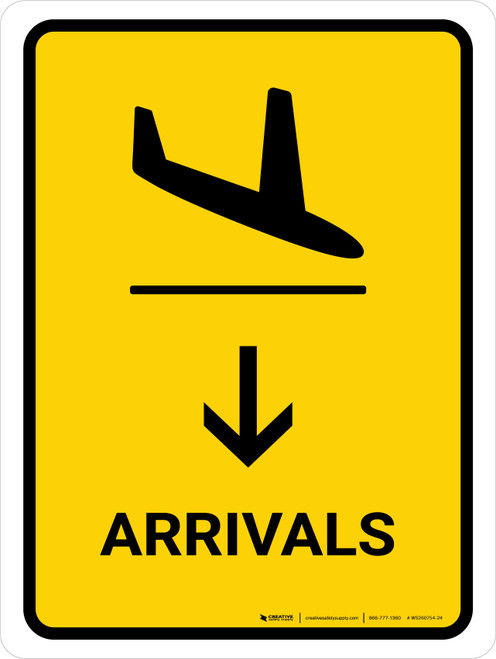 Arrivals With Down Arrow Yellow Portrait - Wall Sign