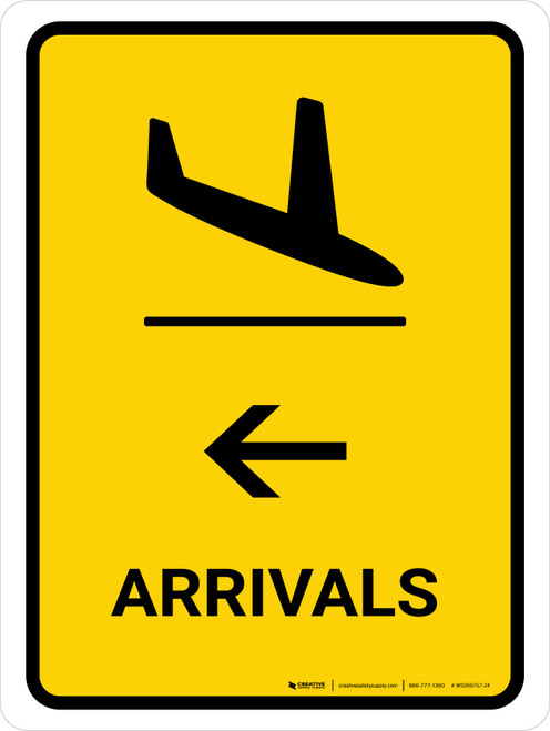 Arrivals With Left Arrow Yellow Portrait - Wall Sign