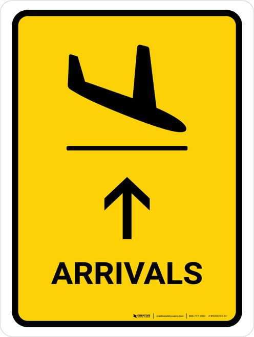 Arrivals With Up Arrow Yellow Portrait - Wall Sign